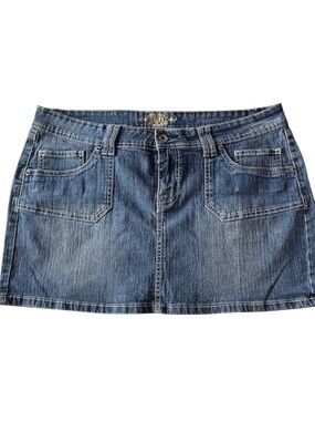 Revo Distressed Blue Denim Mini Skirt with Embroidered Waistband